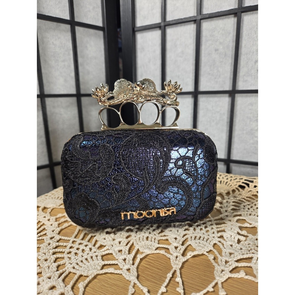 Whimsigoth Knuckle Duster Clutch Bag Black Lace Metallic Blue Fish